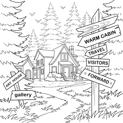 Signposts and Cabin in the Forest