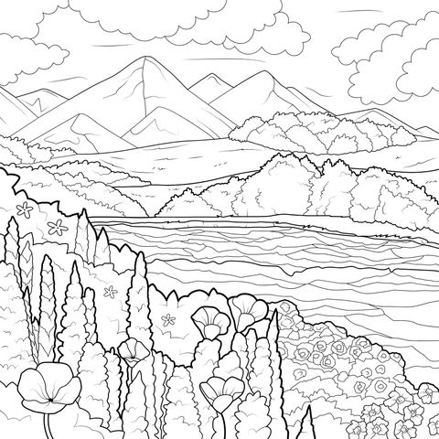 Lindo paisagem com montanhas, água e flores