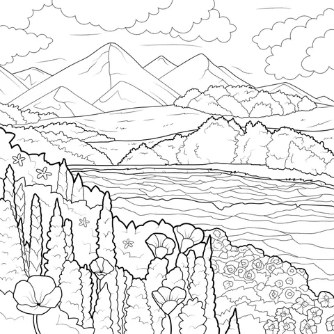 Beautiful landscape with mountains, water and flowers