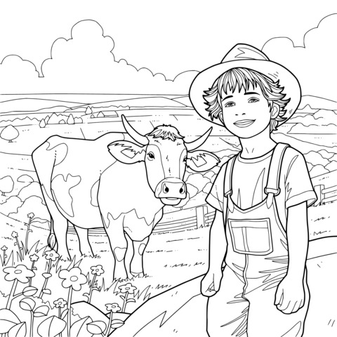 Niño y vaca en el campo