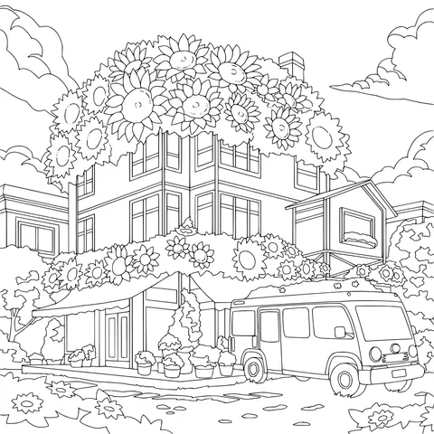 A Cozy House Surrounded by Sunflowers