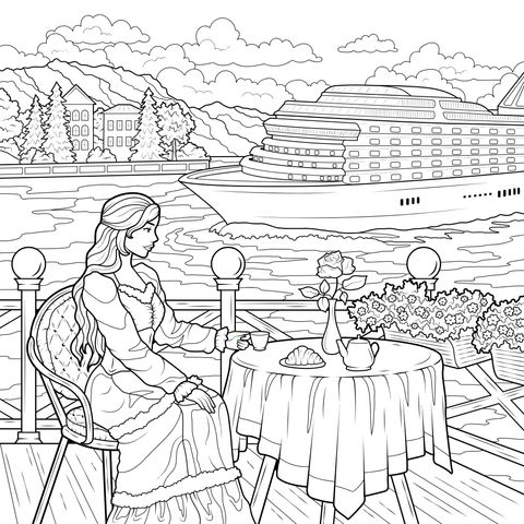 Woman enjoying the scenery and drinking tea at the dock
