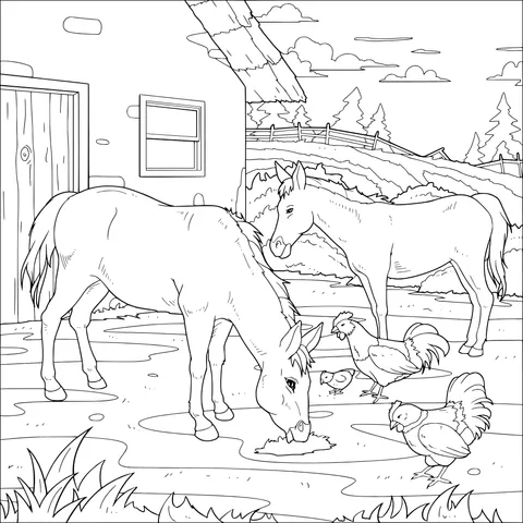 Horses and Chickens on the Farm
