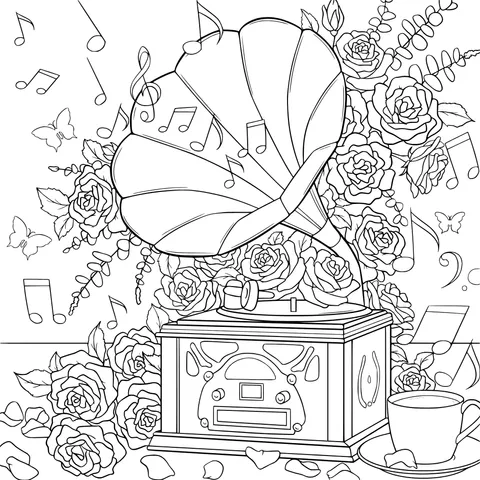 Romantic Flowers and Musical Notes beside the Gramophone