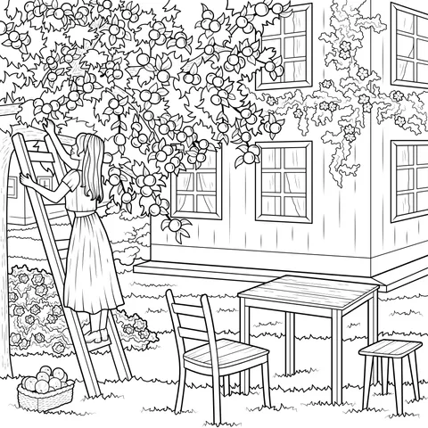 Girl picking apples on a ladder