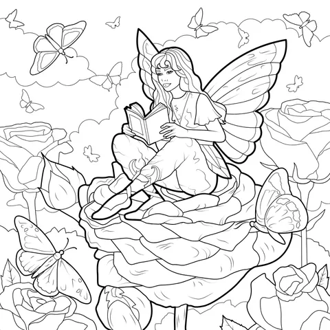 A fairy reading on a rose