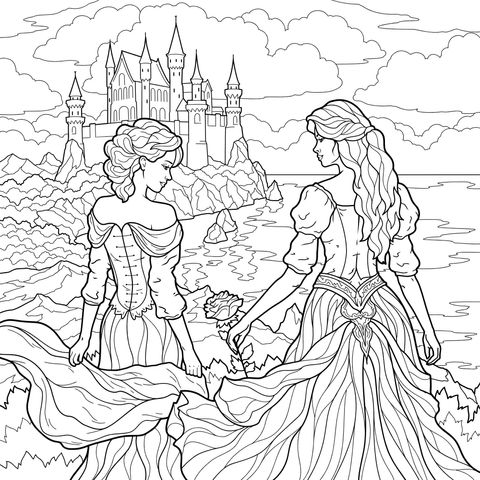 Two princesses strolling in the scenery in front of the castle