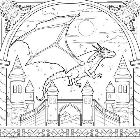 A flying dragon above the castle under the moon - lit night