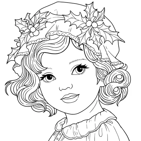 Girl wearing a hat adorned with holly