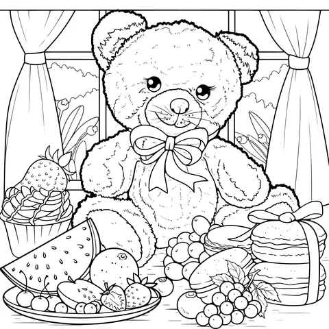 Adorable Teddy Bear with Fruits and Desserts