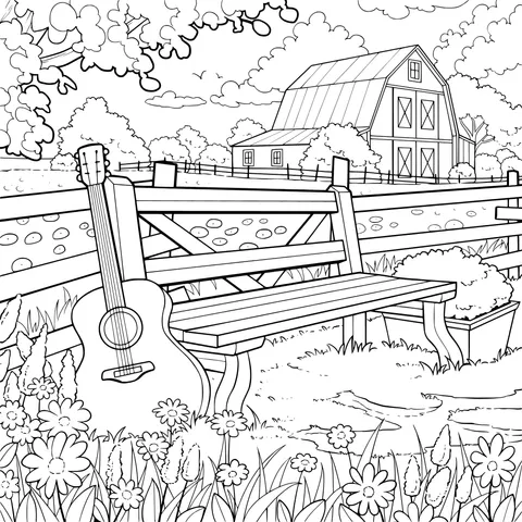Guitar beside the pastoral bench