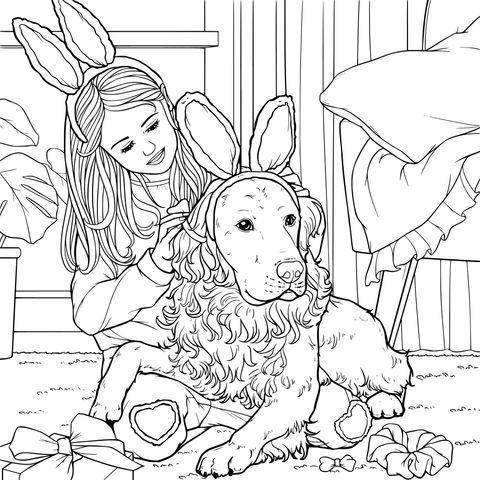 Girl putting bunny - ear headband on dog