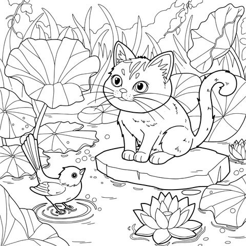 A Cat and a Bird by the Pond