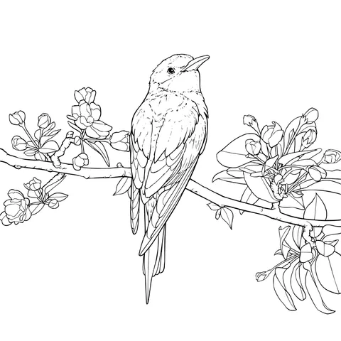 Colorful Bird on Flower - laden Branch
