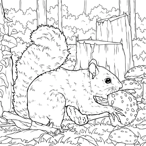 Squirrel and Mushrooms in the Forest