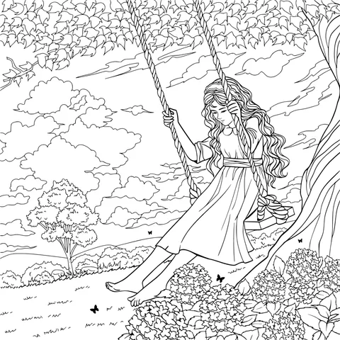 Girl swinging under the tree
