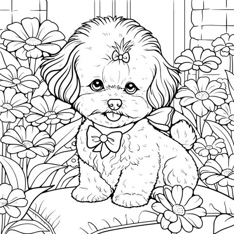 Cute Puppy in the Flower Bed