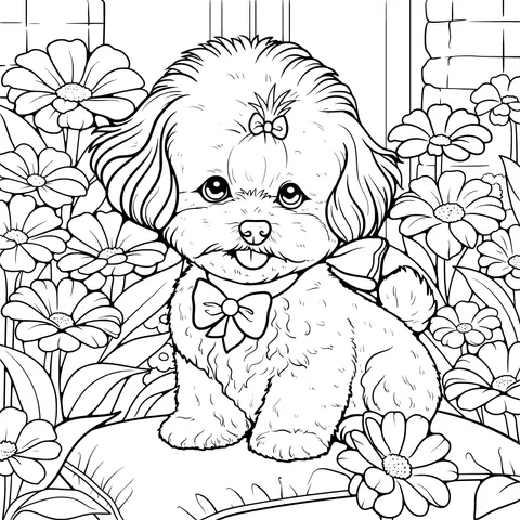 Cute Puppy in the Flower Bed
