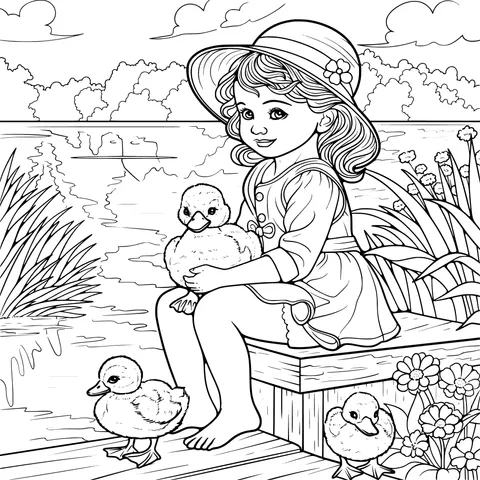 Girl with ducklings by the lake