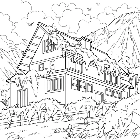 A cottage surrounded by purple vines in the mountains