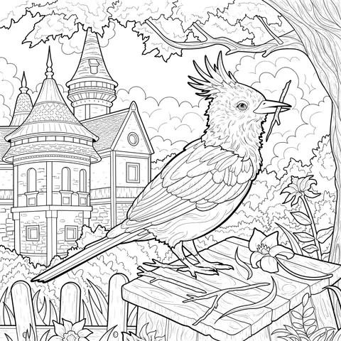 Bird on the wooden platform beside the castle