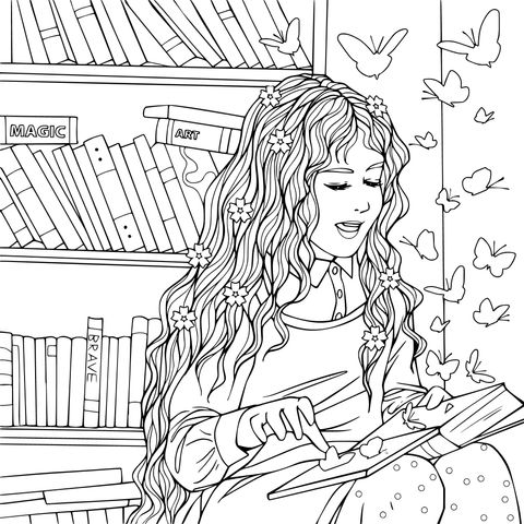 Girl reading beside a magical bookshelf