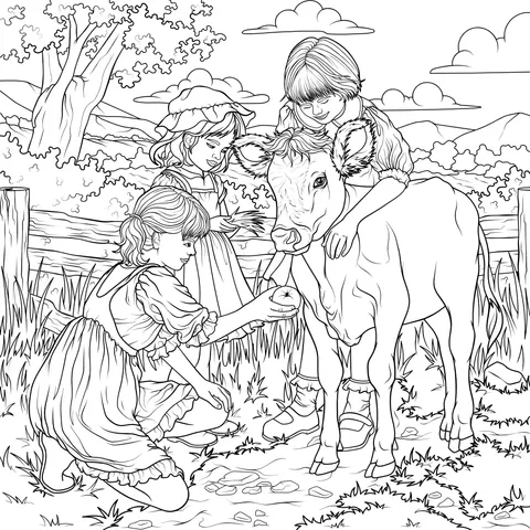 Girls and a Calf in the Countryside