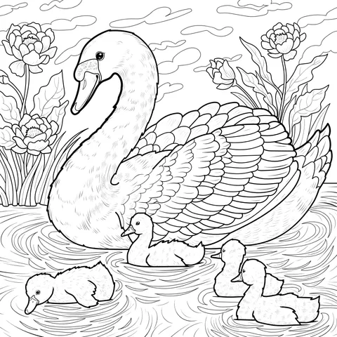 Swan and its cubs in the water