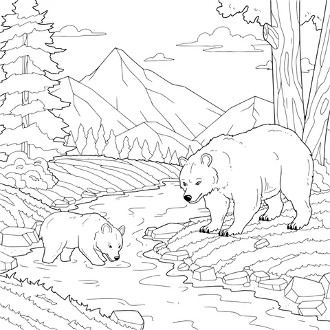 Mother - bear and Cub by the Stream
