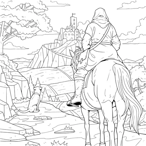 Knight riding a horse towards the castle