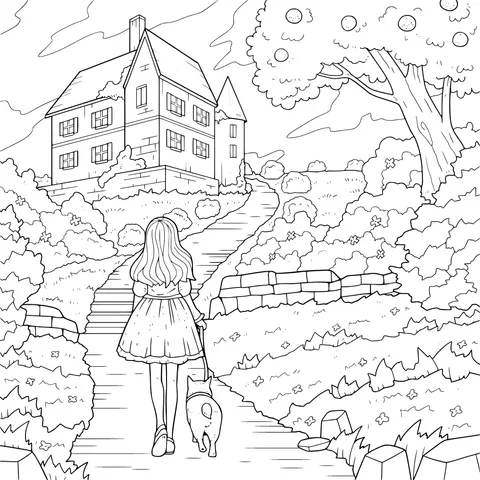 Girl and dog walking towards a house