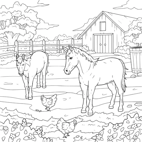 Horses and Chickens on the Farm