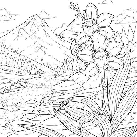 Orchids Blooming by the Stream and Mountain Scenery