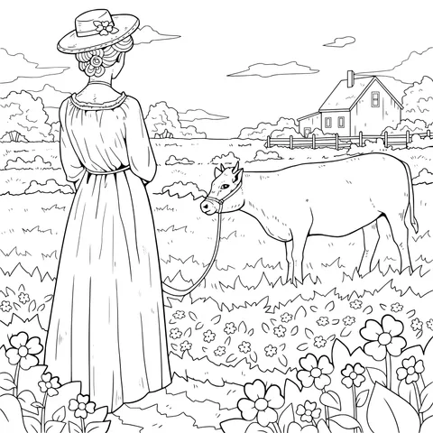A Lady and a Cow in the Countryside