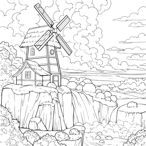 Windmill Cottage and Waterfall Scenery by the Cliff