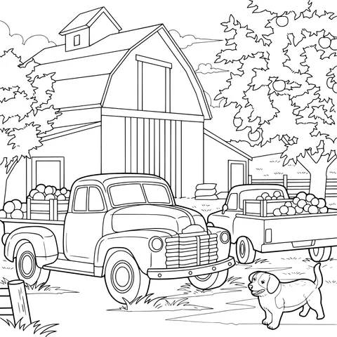 Trucks Carrying Fruits and a Dog on the Farm