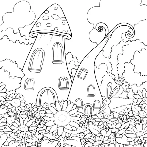 Fairy - like Mushroom Houses and Flowering Bushes