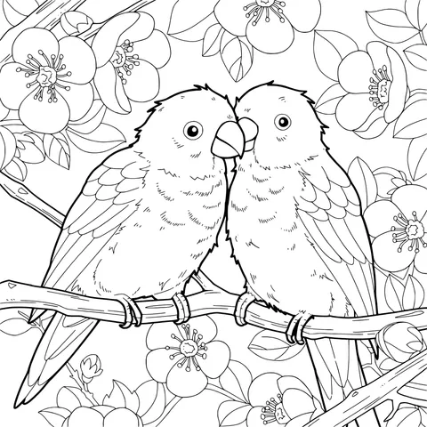 Affectionate Parrots on a Flower - laden Branch