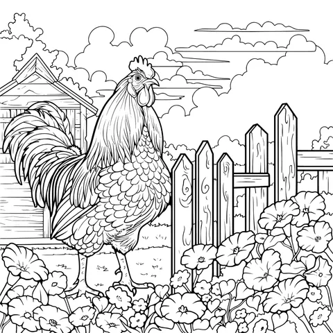 Rooster in the Flower Bed