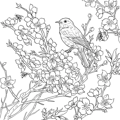 Blue Bird on Flower - laden Branch