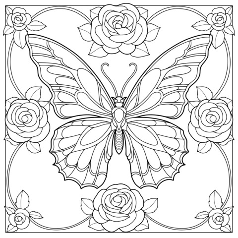 Butterfly and Roses Coloring Page