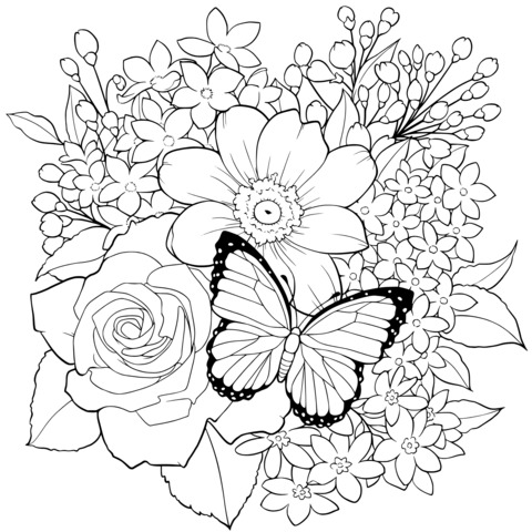 Colorful Flowers and Butterfly Coloring Page