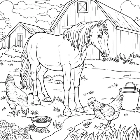 Horse and Chickens on the Farm