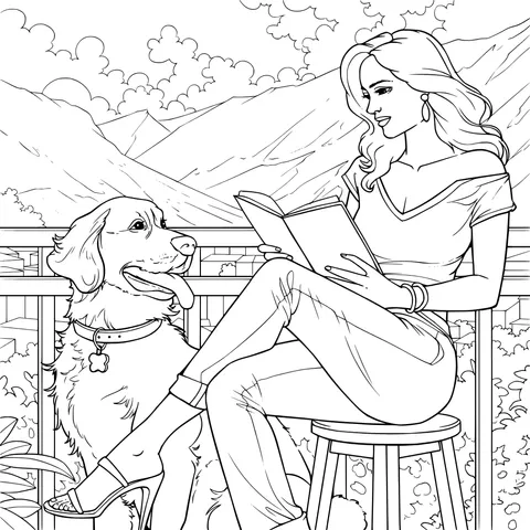 Woman reading leisurely outdoors with a golden - retriever