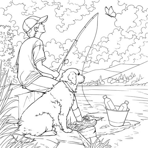 A Boy and His Dog's Fishing Time by the Lake