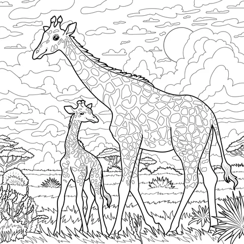Mother - child giraffes on the grassland