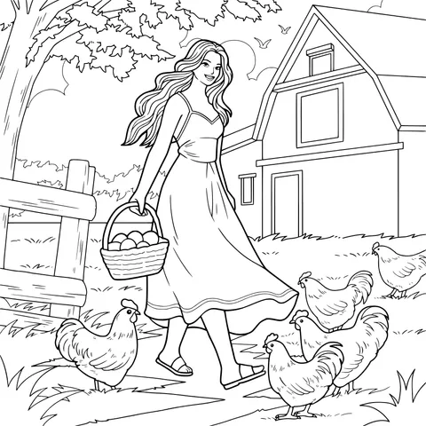 Woman with a basket beside the farmhouse and chickens