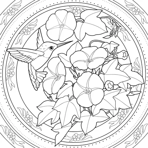 Hummingbird and Morning Glories