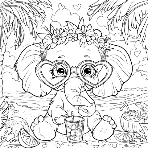 Little elephant with a flower - crown and heart - shaped glasses on the beach