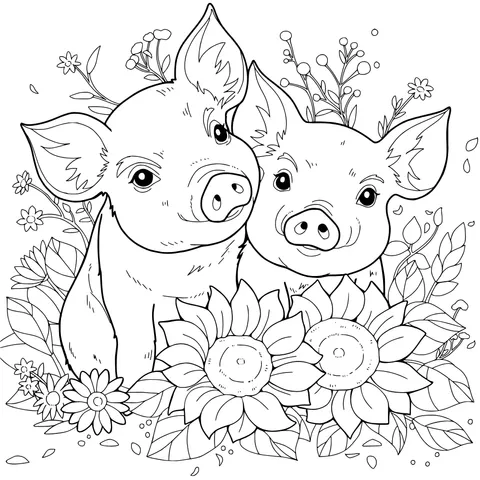 Adorable Pair of Pigs and Flowers
